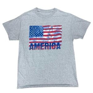 America Flag T-Shirt Graphic Print Patriotic USA Gray Crew Neck Tee xl